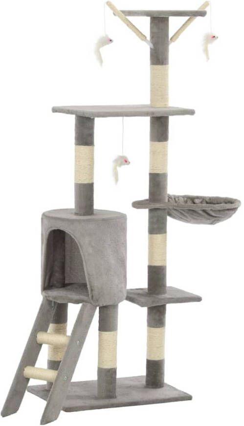 The Living Store Kattenkrabpaal Grijs 138 cm Met muizenspeeltjes ladder comfortabel huis