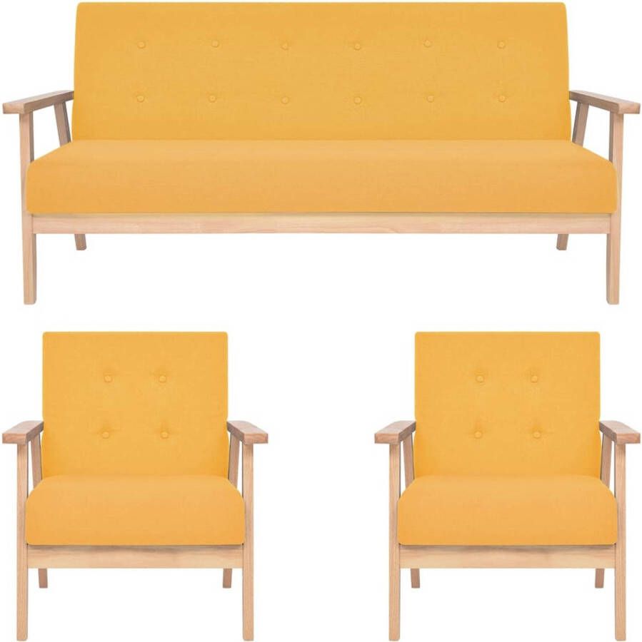 The Living Store Loungebank Geel Polyester Houten frame Set van 2 fauteuils en 1 bank Afmetingen fauteuil- 64.5