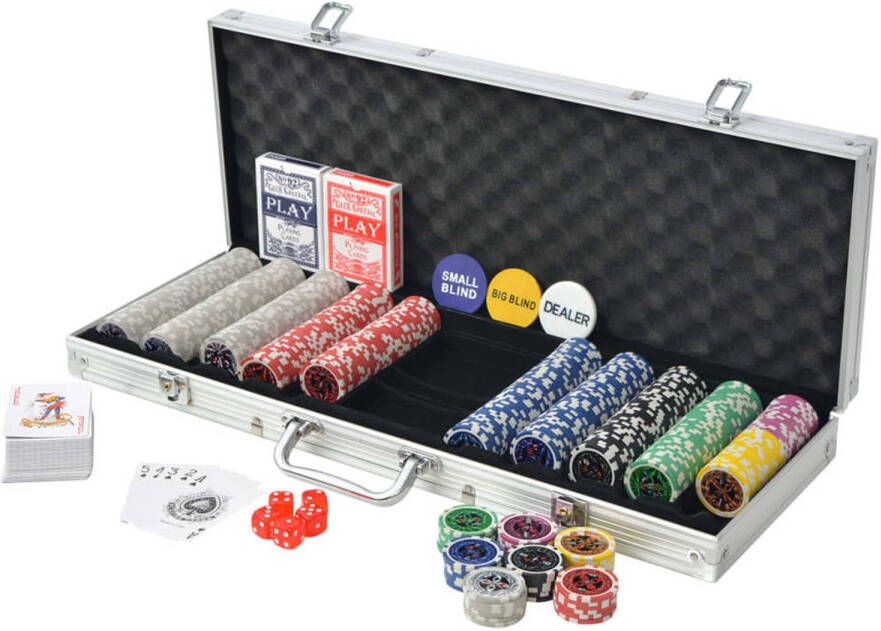 VidaXL The Living Store Poker Set Casino Dobbelstenen Kaartspellen 500 Laser Chips Aluminium Koffer 55.5 x 20.5 x 6.7 cm