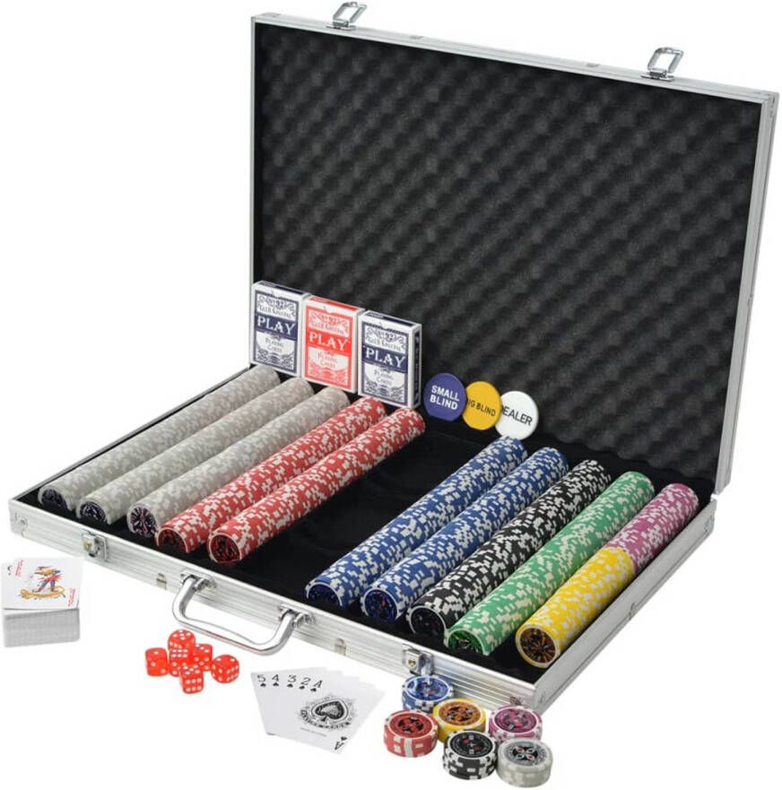 VidaXL The Living Store Pokerset met 6 Casino Dobbelstenen 3 Kaartendecks Las Vegas Stijl 1000 Laser Chips Aluminium Koffer Meerkleurig 53 x 37 x 6.7 cm