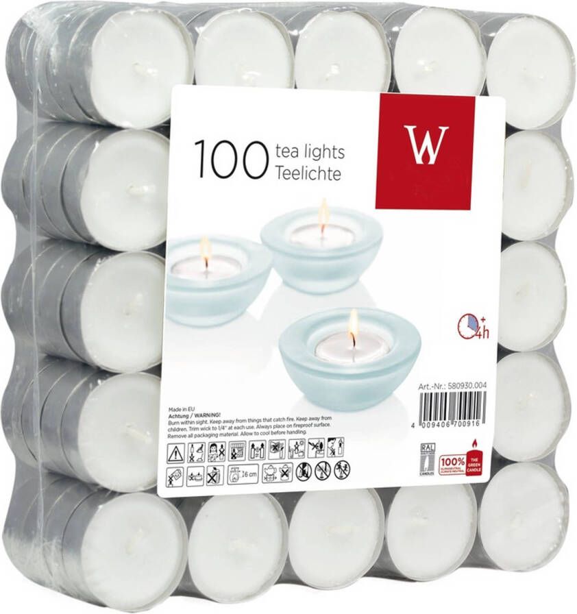 Trend Candles 100x Witte theelichtjes waxinelichtjes 4 branduren Geurloze kaarsen