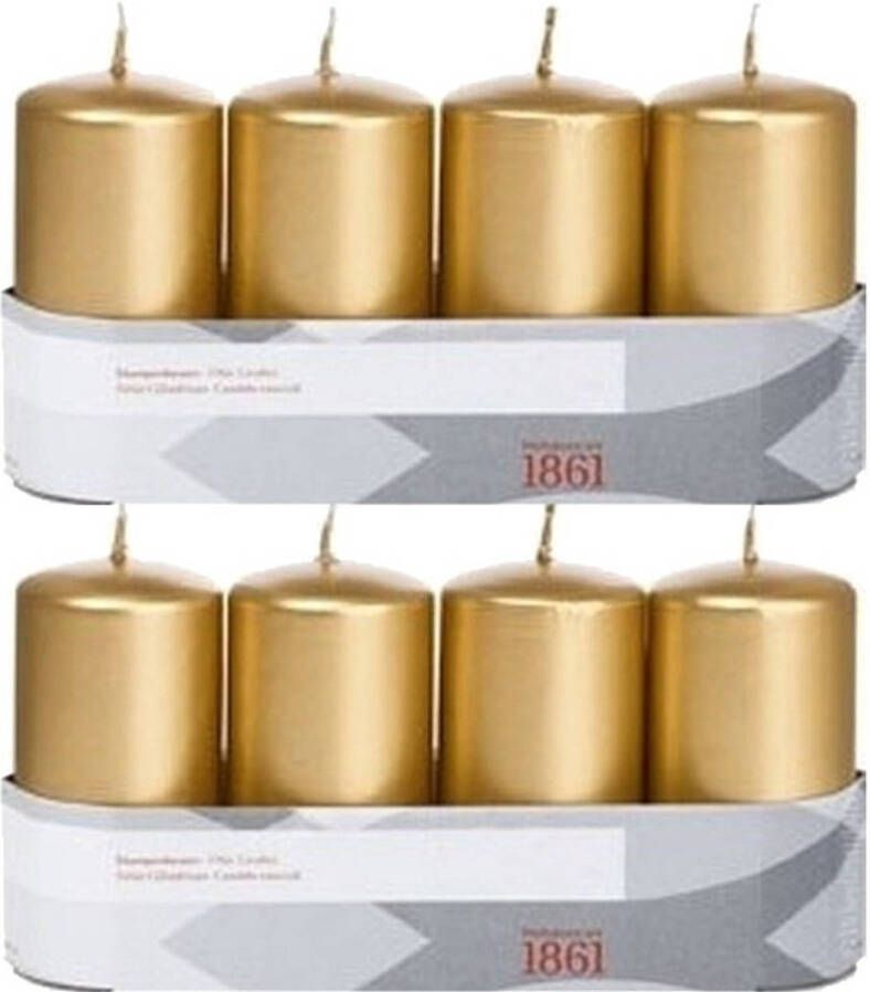 Trend Candles 8x Gouden cilinderkaarsen stompkaarsen 5 x 10 cm 18 branduren Geurloze goudkleurige kaarsen Woondecoraties