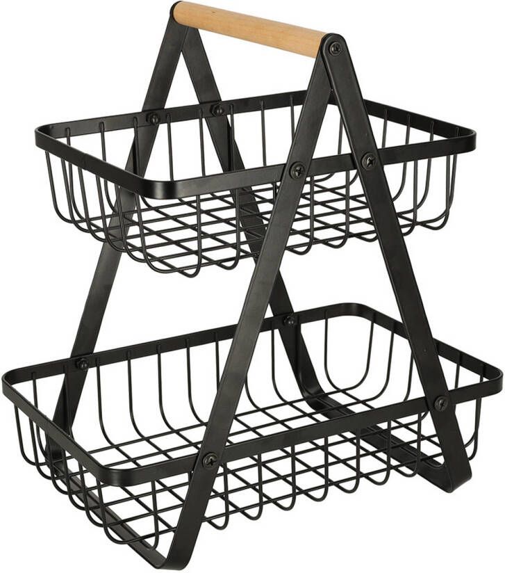 Trendmix Fruitschaal Etagère met 2 lagen voor in de Keuken 27 x 17 x 30cm Keuken Organizers Groente en Fruit Mand Industrieel Zwart Metaal met Houten Handvat