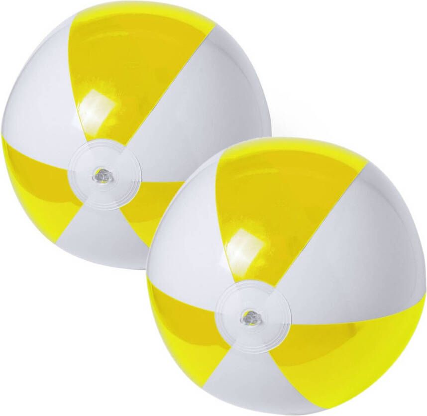 Merkloos 2x stuks opblaasbare strandballen plastic geel wit 28 cm Strandballen