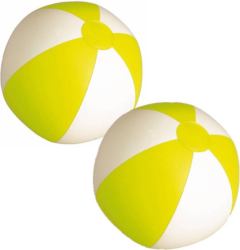 Merkloos 2x stuks opblaasbare zwembad strandballen plastic geel wit 28 cm Strandballen