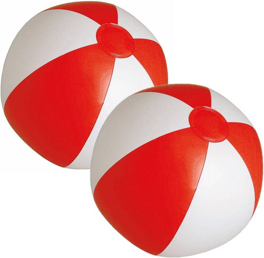 Merkloos 2x stuks opblaasbare zwembad strandballen plastic rood wit 28 cm Strandballen