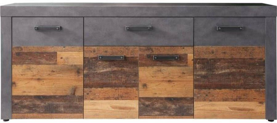 TRENDTEAM INDY laag dressoir 4 deuren en 1 lade Verouderd hout en mat grijze melamine L 178 x D 40 x H 77 cm