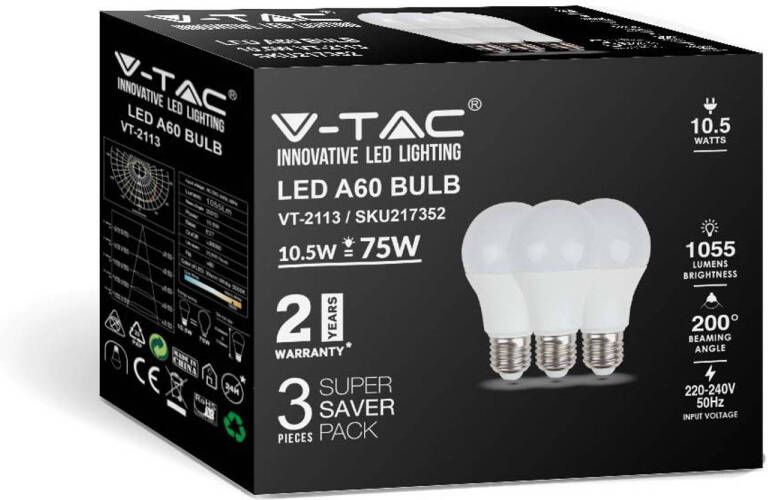 V-tac VT-2113-N E27 LED Wit Lampen RTL GLS 3PC Set IP20 10.5W 1055 Lumen 3000K