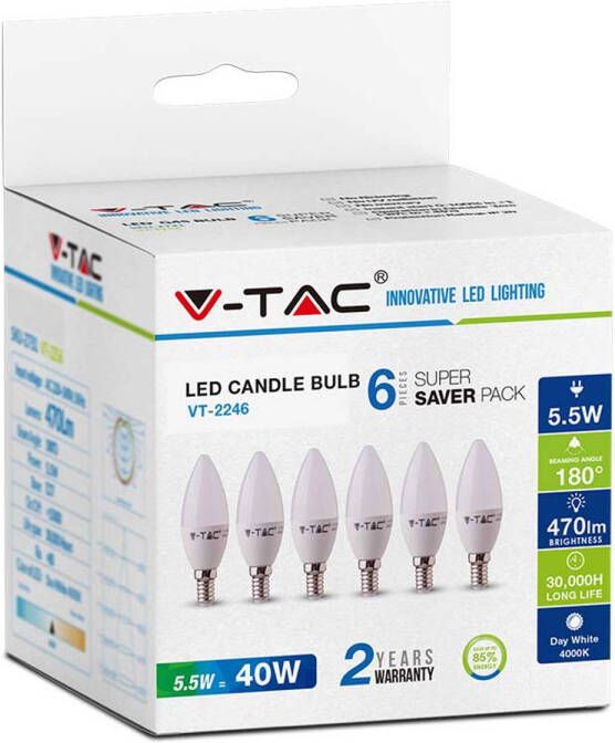 V-TAC Vt-2246 E14 Witte Led Lampen Rtl Kaars 6pc Set Ip20 5.5w 470 Lumen 2700k