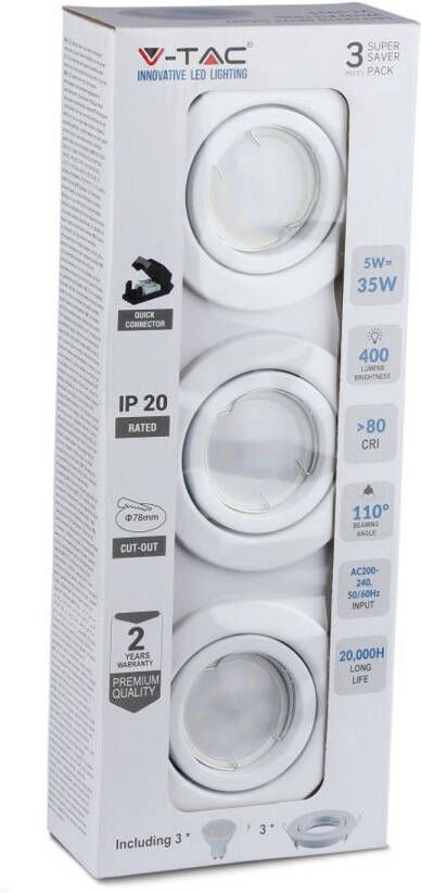 V-TAC Vt-3333 Gu10 Witte Led Spots 3pc Set Fitting Ip20 5w 400 Lumen 4000k