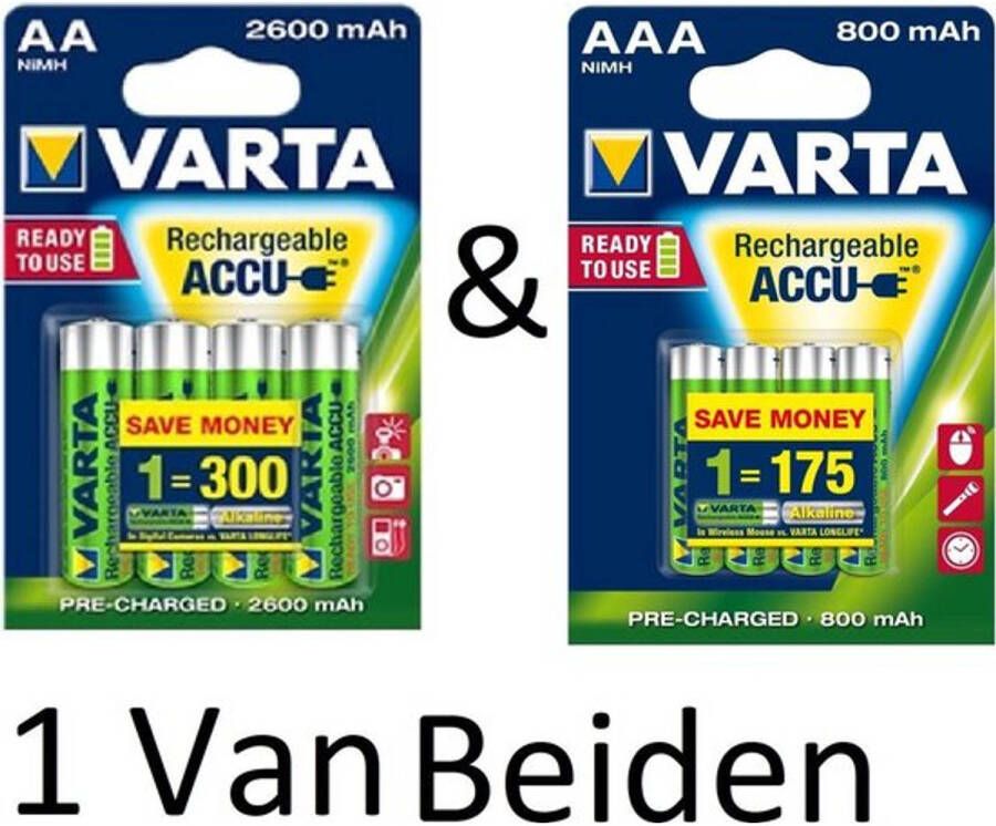 Varta (1 Van Beiden) AA & AAA oplaadbare batterijen Combi aanbieding 2600 mAh & 800 mAh