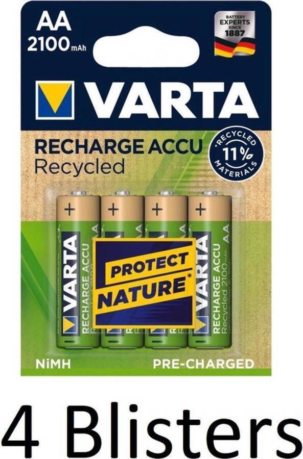 Varta 16 Stuks (4 Blisters a 4 st) Recharge Accu Recycled AA Oplaadbare Batterijen 2100 mAh