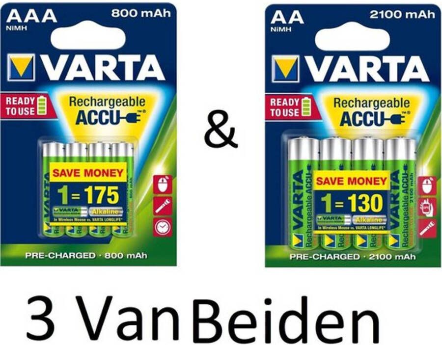 Varta (3 Van Beiden) AA & AAA oplaadbare batterijen Combi aanbieding 800 mAh & 2100 mAh