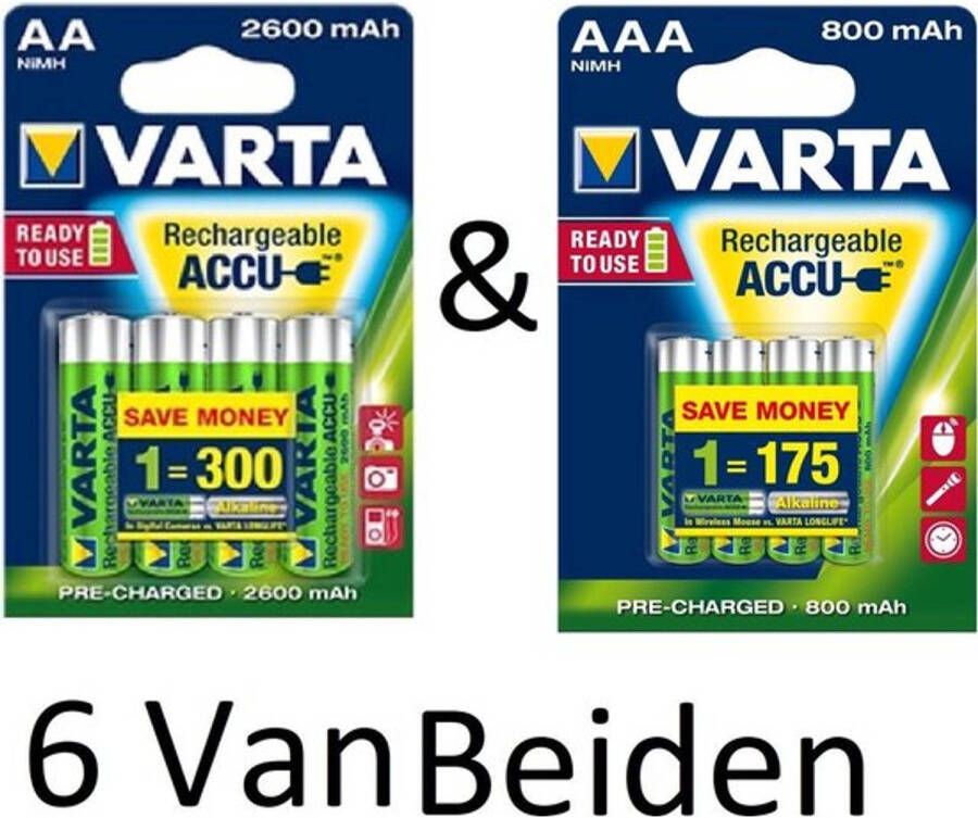 Varta (6 Van Beiden) AA & AAA oplaadbare batterijen Combi aanbieding 2600 mAh & 800 mAh