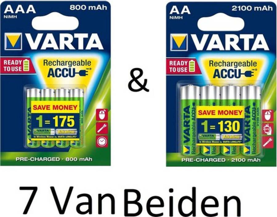 Varta (7 Van Beiden) AA & AAA oplaadbare batterijen Combi aanbieding 800 mAh & 2100 mAh