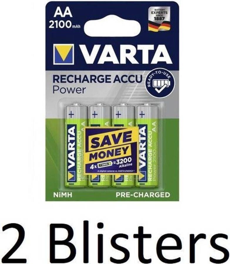 Varta 8 Stuks (2 Blisters a 4 st) Oplaadbare Batterij Recharge Accu Power AA 2100mAh