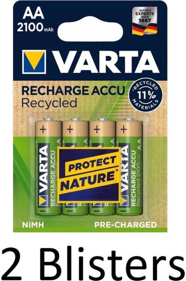 Varta 8 Stuks (2 Blisters a 4 st) Recharge Accu Recycled AA Oplaadbare Batterijen 2100 mAh