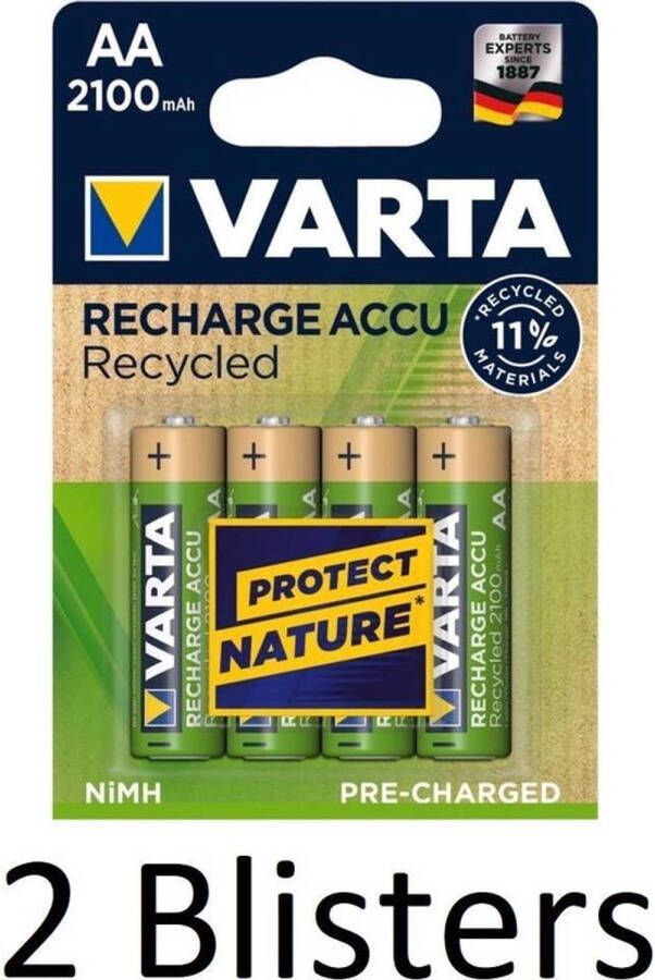 Varta 8 Stuks (2 Blisters a 4 st) Recycled AA Oplaadbare Batterijen 2100 mAh