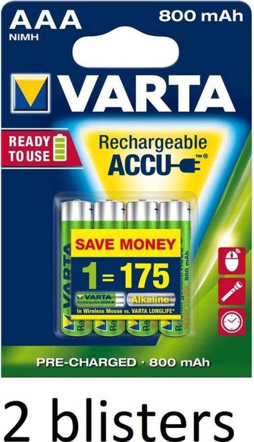 Varta 8 stuks(2 blisters a 4 stuks) AAA Oplaadbare Batterijen 800mAh