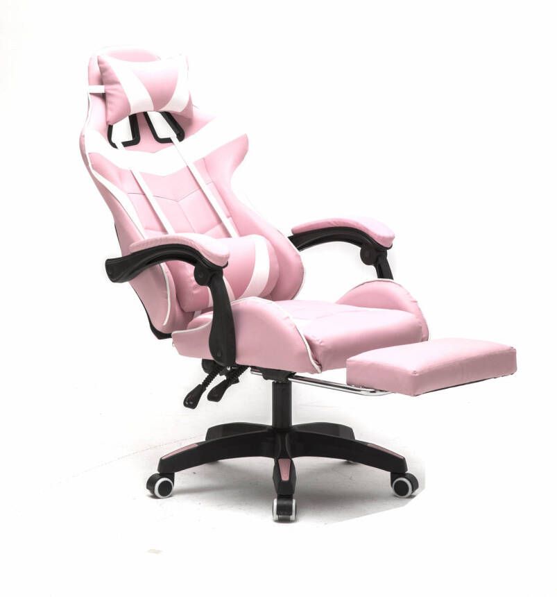 VDD Gamestoel met voetsteun Cyclone tieners bureaustoel racing gaming stoel roze wit