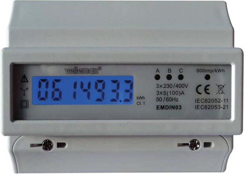 Velleman Professionele kWh meter 3 fase voor DIN-railmontage met lcd-scherm en pulsled max. 100 A