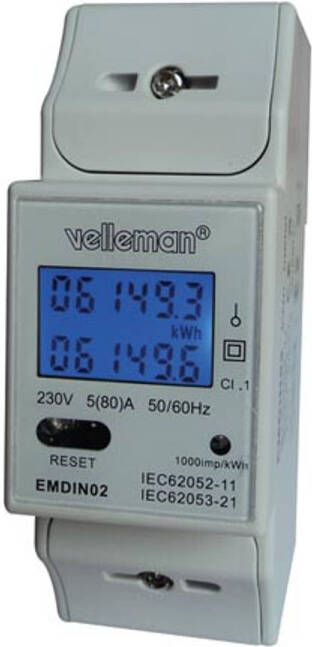 Velleman EENFASIGE kWh-METER VOOR DIN-RAIL MONTAGE 2 MODULES