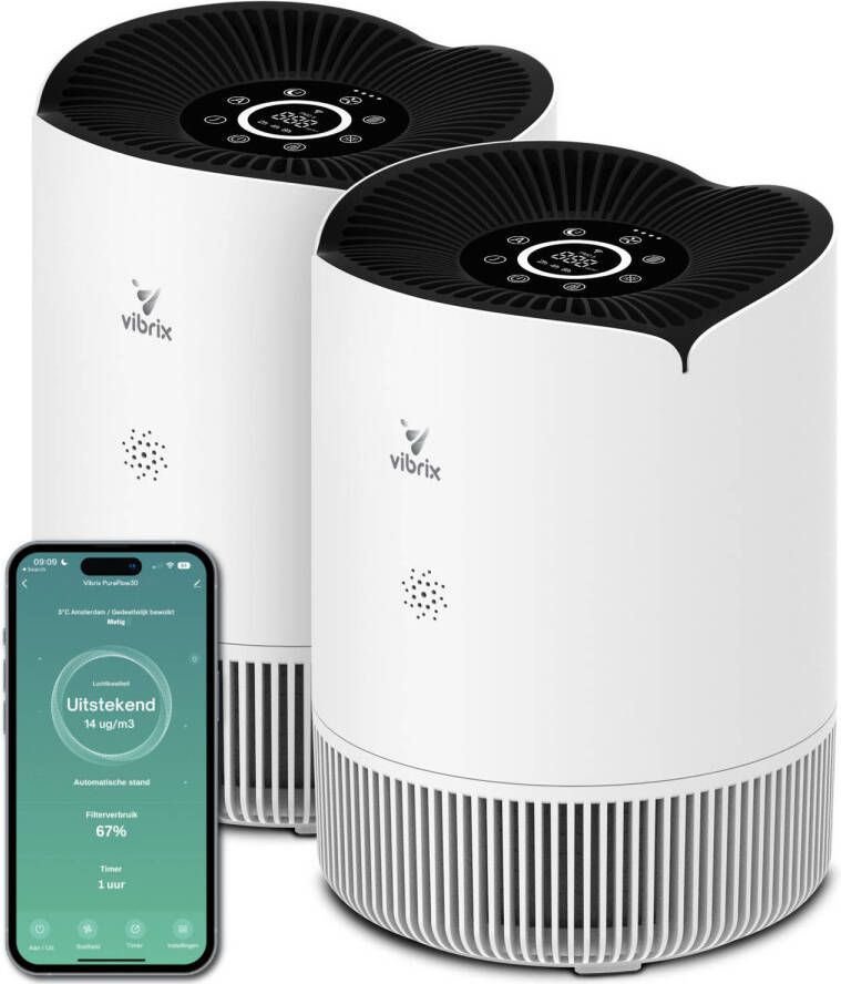 Vibrix 2 X PureFlow30 luchtreiniger 30 m² Automatische stand + 5-in-1 filtersysteem Luchtkwaliteitsindicator Ionisator Luchtfilter Air purifier met HEPA-filter