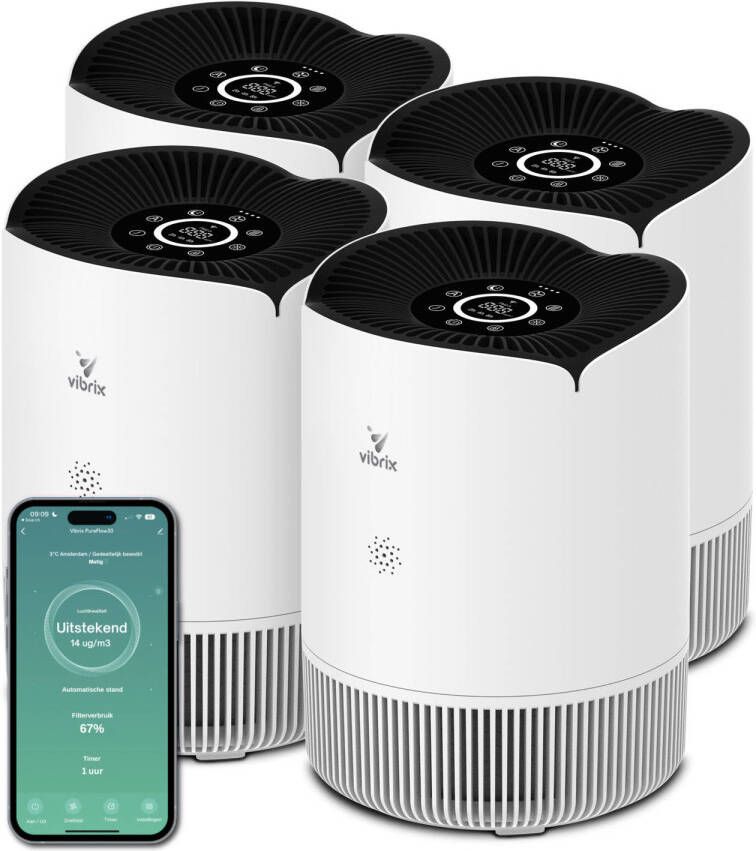 Vibrix 4 X PureFlow30 luchtreiniger 30 m² Automatische stand + 5-in-1 filtersysteem Luchtkwaliteitsindicator Ionisator Luchtfilter Air purifier met HEPA-filter
