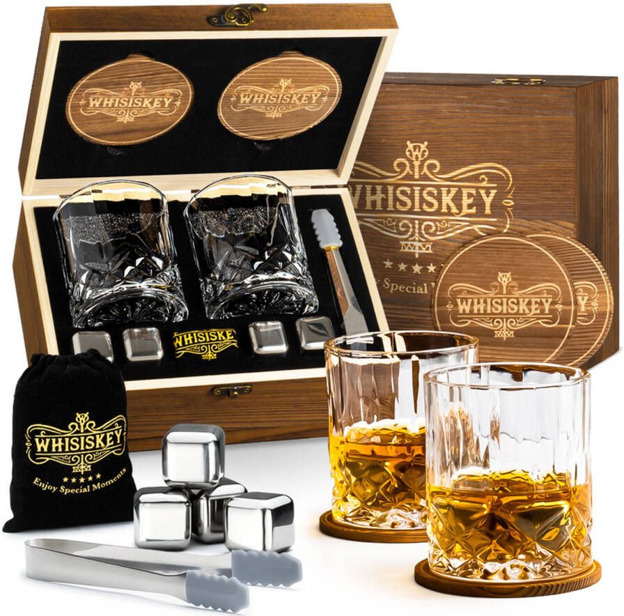 Whisiskey Luxe Whiskey Set Incl. 2 Whiskey Glazen 4 RVS Whiskey Stones 2 Onderzetters Fluwelen Opbergzak Opbergbox