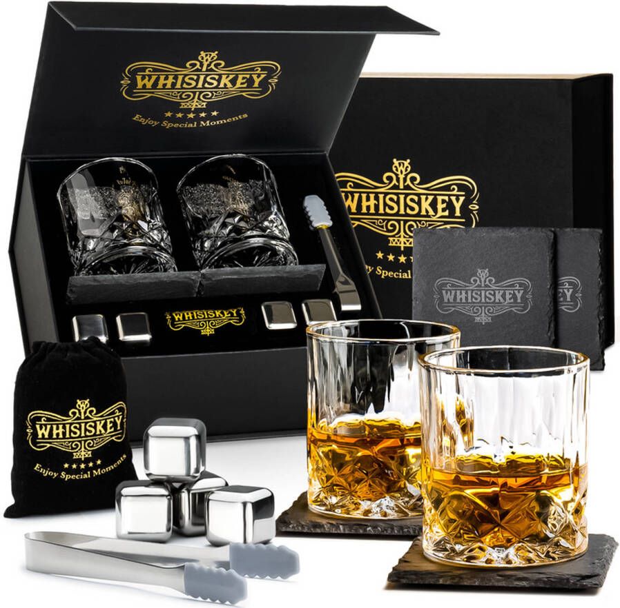 Whisiskey Luxe Whiskey Set Incl. 2 Whiskey Glazen 4 Whiskey Stones 2 Onderzetters Fluwelen Opbergzak Opbergbox W