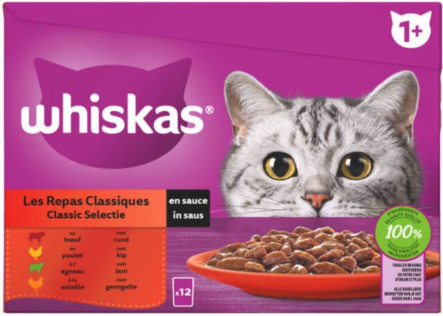 Whiskas Classic Selectie in saus maaltijdzakjes multipack 12x85g dierensnack