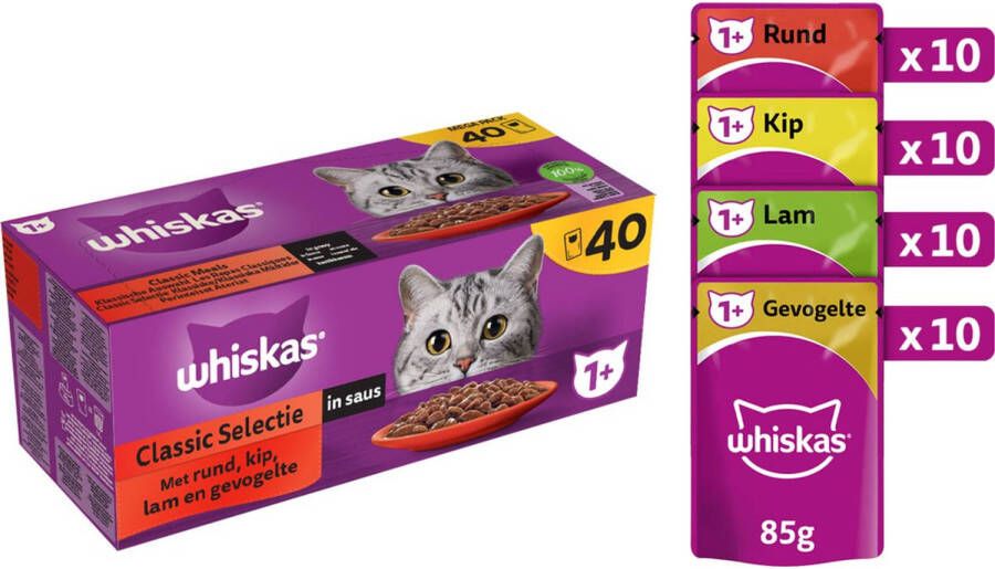 Whiskas Classic Selectie in saus maaltijdzakjes multipack 40x85g dierensnack