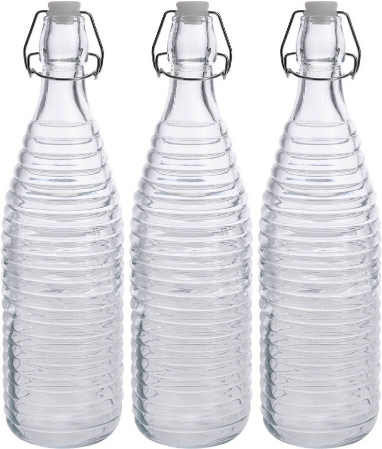 Zeller 3x Glazen decoratie flessen transparant met beugeldop 1000 ml Drinkflessen