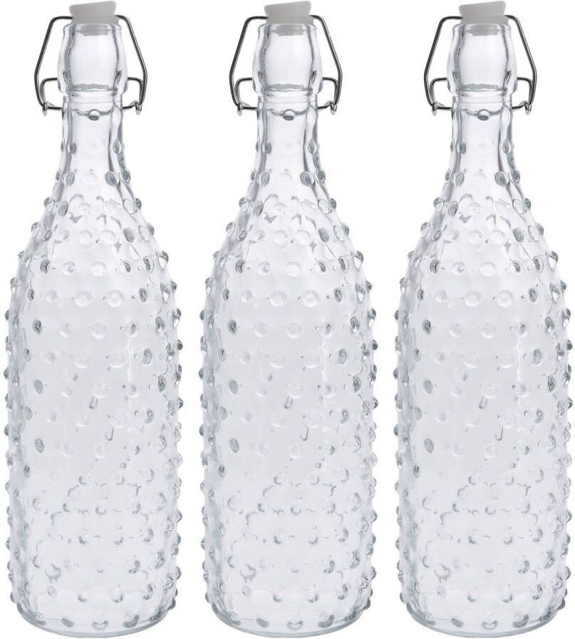 Zeller 3x Glazen decoratie flessen transparant met beugeldop 1000 ml Drinkflessen