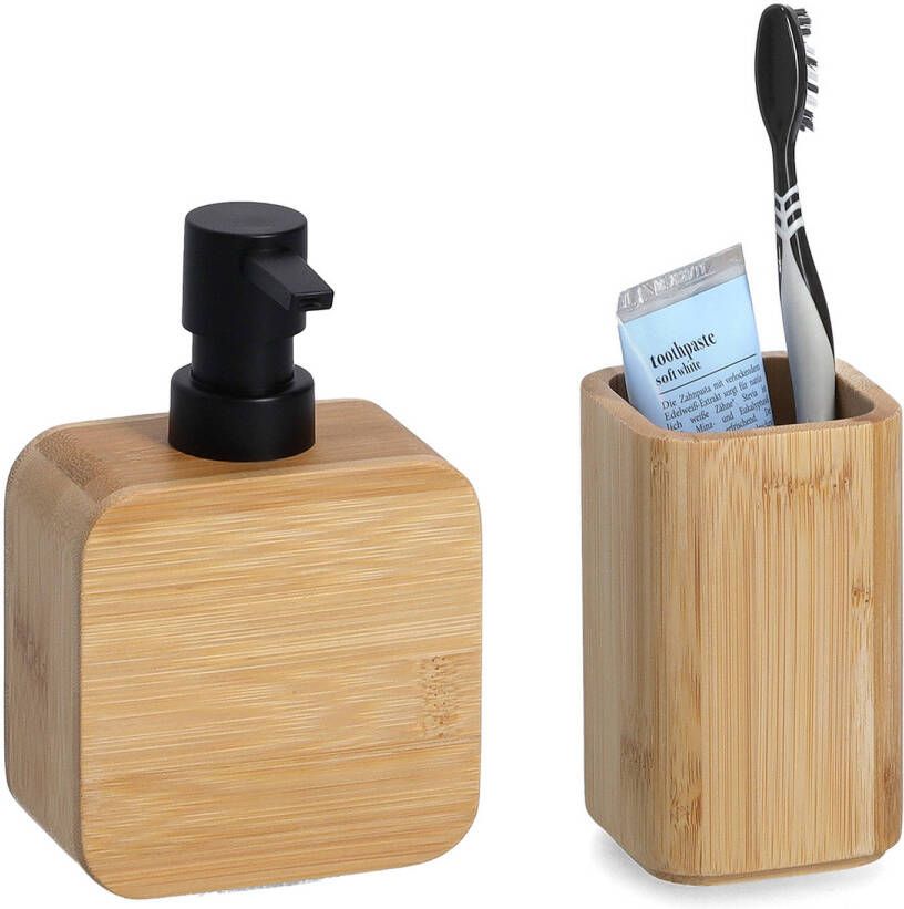 Zeller badkamer accessoires set 2-delig bamboe hout naturel Badkameraccessoireset