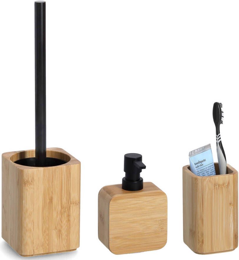 Zeller Badkamer accessoires set 3-delig bamboe hout luxe kwaliteit Badkameraccessoireset