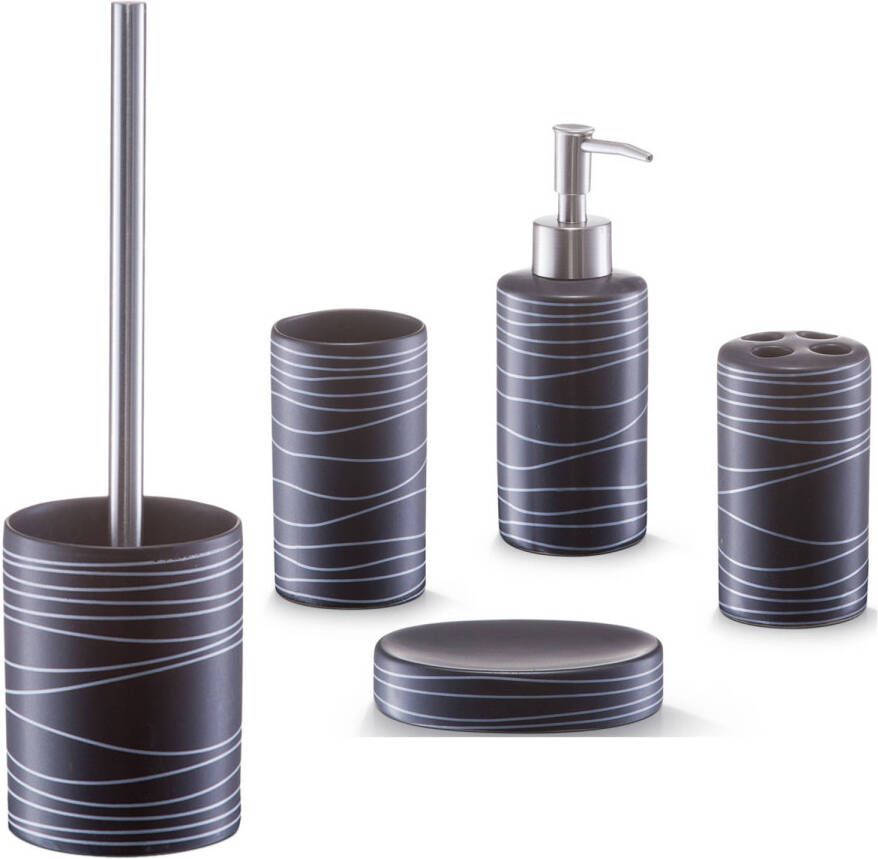 Zeller Badkamer accessoires set 5-delig keramiek zwart swirl patroon Badkameraccessoireset
