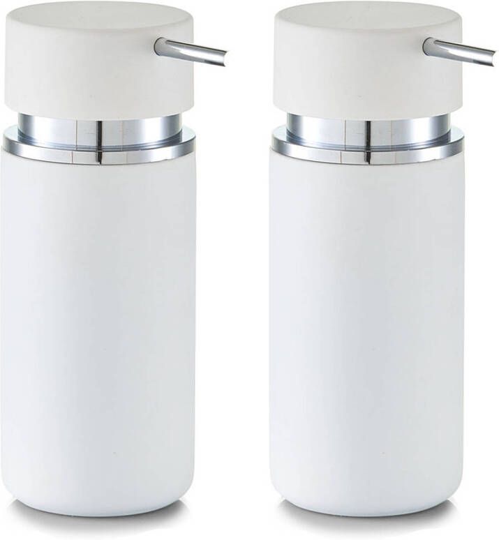 Zeller Set van 2x Zeeppompje dispenser keramiek wit rubber coating 6 x 16 cm Zeeppompjes