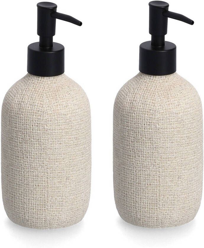 Zeller Set van 2x Zeeppompje dispenser kunststeen beige 8 x 20 cm Natural jute look Zeeppompjes