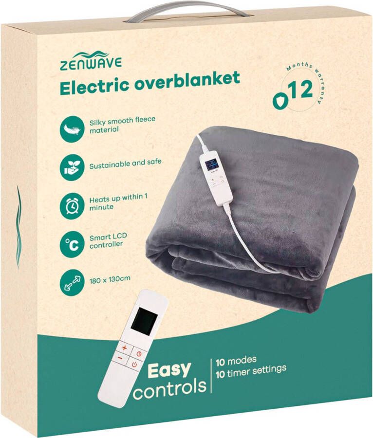 Zenwave Elektrische Deken 180x130cm Omslagdeken Grijs 10 standen Warmtedeken Ultra Zachte Fleece Elektrische Bovendeken