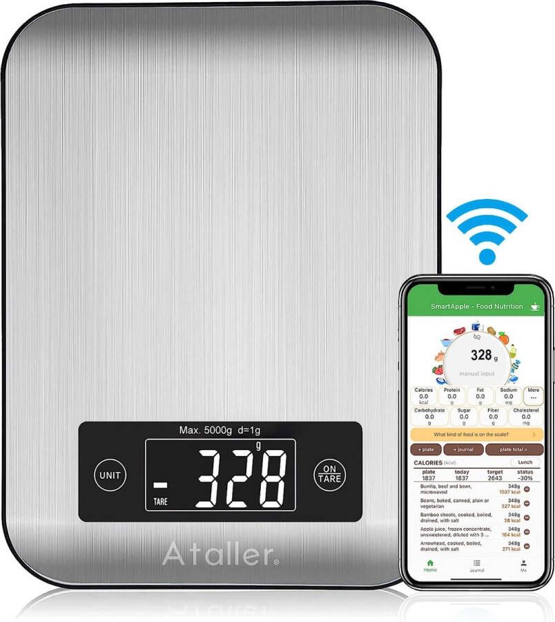 0nbekend Ataller Smart Food Nutrition Schaal Bluetooth Digitale Keukenweegschalen voor Bakken Koken Keto Maaltijdvoorbereiding Groot Roestvrij Staal Smartphone App