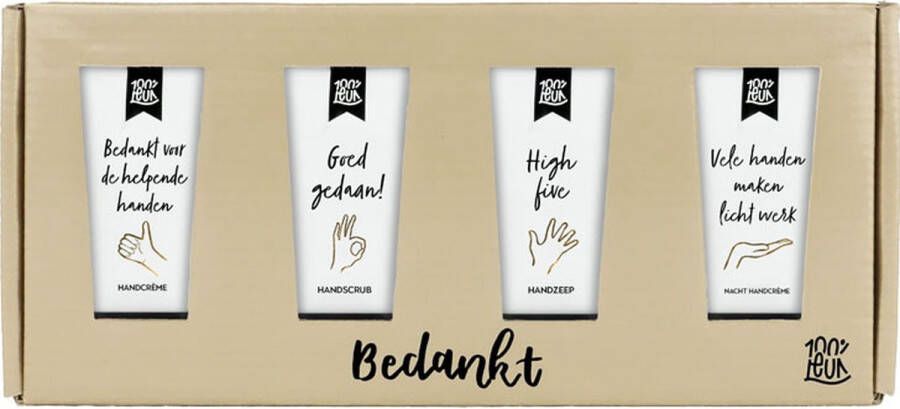 100%LEUK Brievenbuspakket Bedankt voor de helpende handen Handcrème Handzeep Handenscrub Nacht handcrème