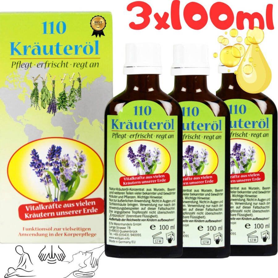 110 Krauterol 3-Flessen Kruidenolie uit 110 Kruiden 100 ml Massage olie Ontspanning Pijnen in Gewrichten en Spieren