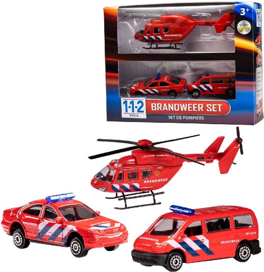 112 Brandweer Speelvoertuigen 3-delig- helikopter 16 cm en autos 7 cm
