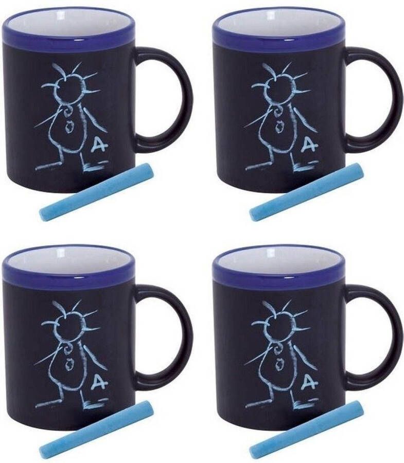 123 Kado koffiemokken 4x Krijtbord koffie mokken in het blauw beschrijfbare koffie thee mok beker
