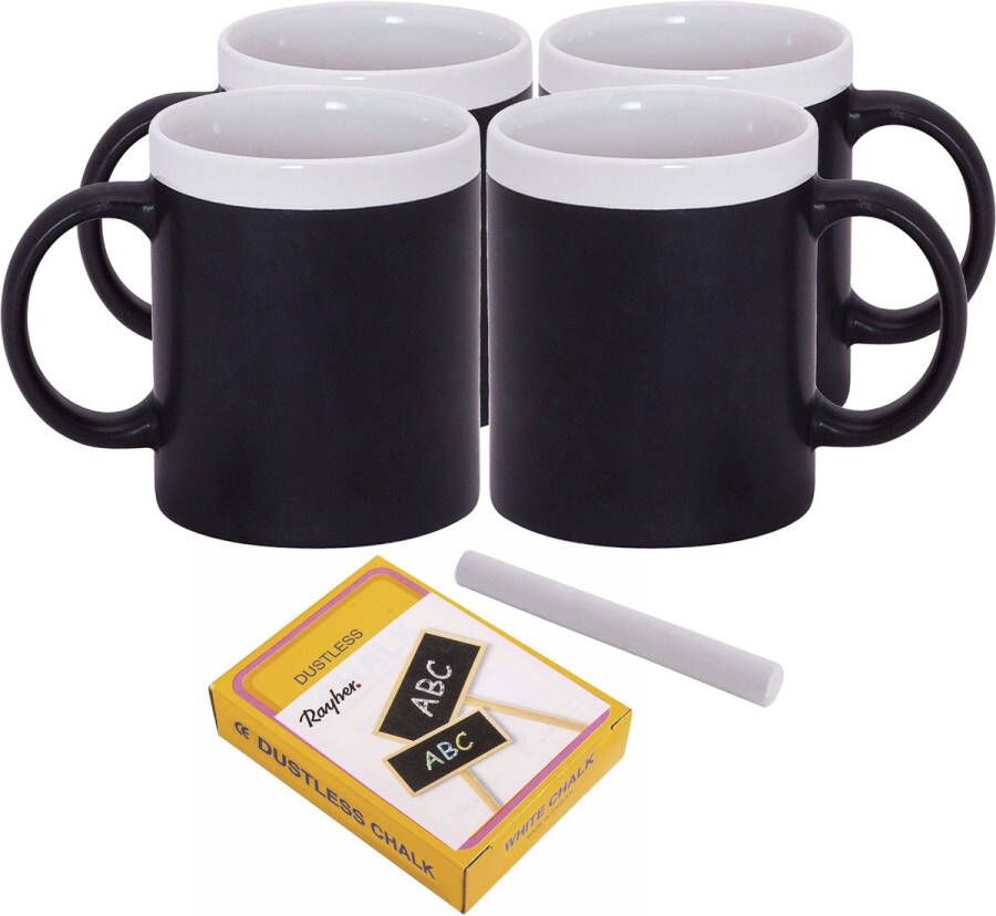 123 Kado koffiemokken Setje van 4x krijtbordje Koffie thee mokken wit met pakje krijt