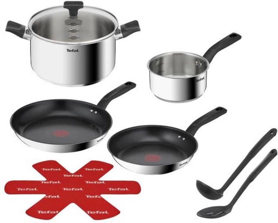 Tefal B818S804 Heerlijke 8-delige roestvrijstalen pannenset Steelpan Nederlandse oven 2 koekenpannen pollepel schuimspaan koekenpan deksel