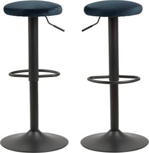 24Designs Foss Verstelbare Barkruk Set Van 2 Blauw Fluweel Mat Zwart Onderstel