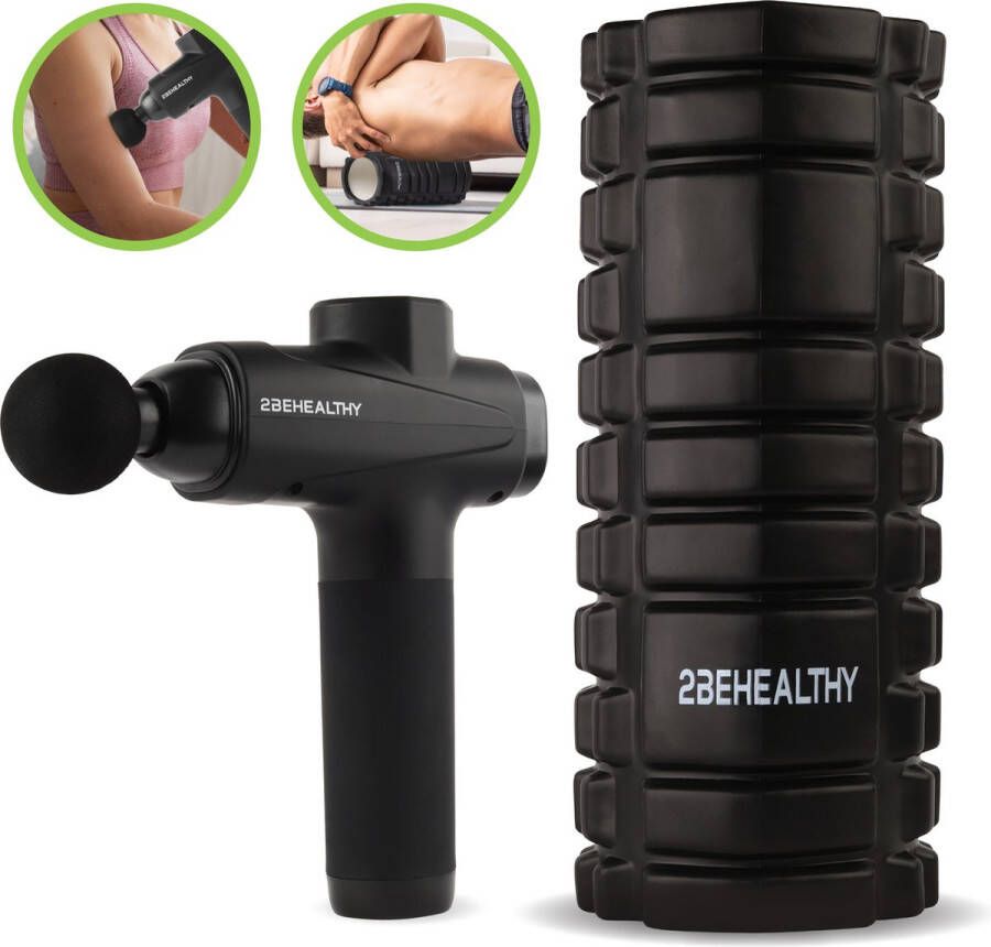 2BEHEALTHY Massage Gun Professioneel + Foam Roller Incl. 6 Opzetstukken en 30 Massagestanden 8 Uur Batterij Sport en Relax Massage Pistool Massageapparaat Zwart