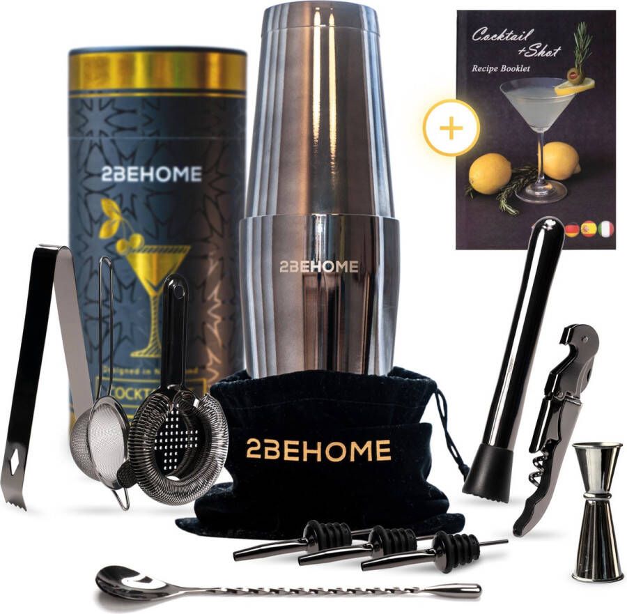 2BEHOME Cocktail Set 12-Delig Cocktail Shaker Set (750ml) Incl. Cocktail boek met recepten Complete Cocktailset Luxe Bewaarhoes Ook geschikt als Kerst Sinterklaas cadeau voor man en vrouw Cadeautjes